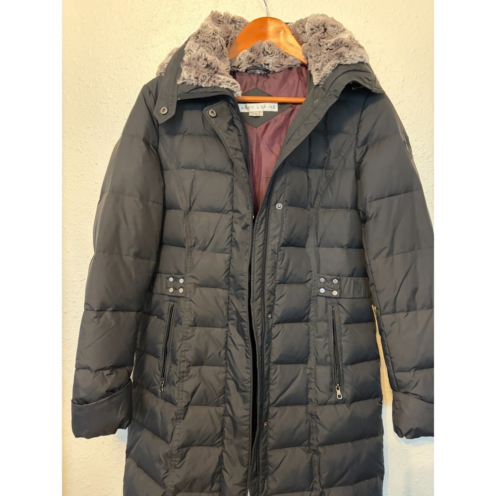 Larry Levine Women Black Quilted Puffer Coat Faux Fur Hooded Winter Parka Jacket